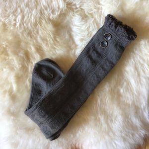 Gray lace top boot socks with side button detail
